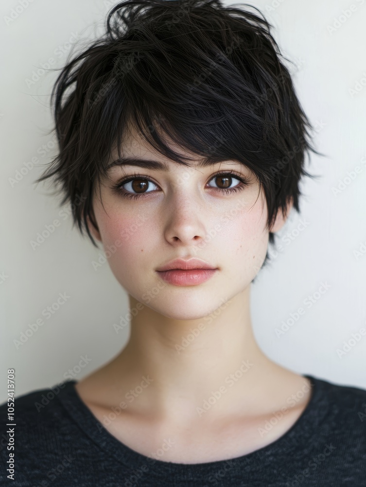 若い女性のポートレート、短い髪型、自然な笑顔、明るい背景で撮影された 若い女性のポートレート、短い髪型、自然な笑顔、明るい背景で撮影された