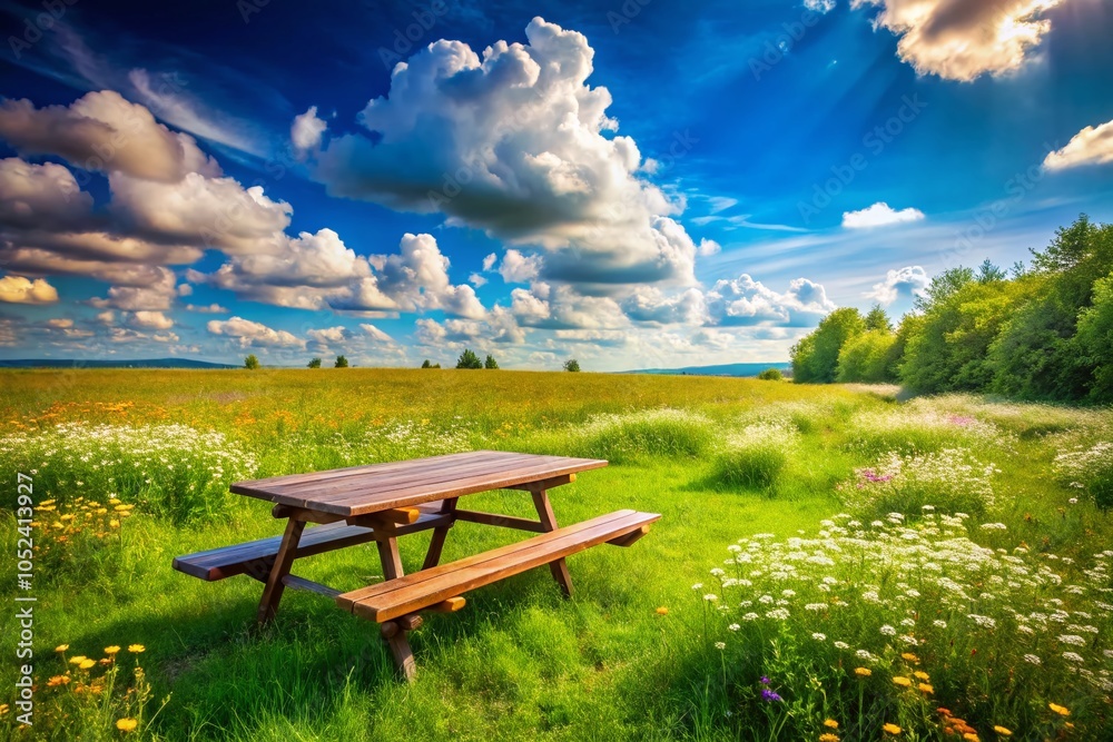 Obraz premium Inviting Empty Picnic Table in Peaceful Meadow for Relaxation and Outdoor Enjoyment