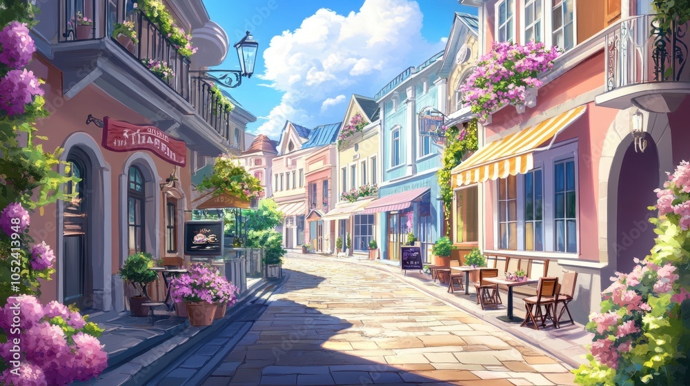 Fototapeta premium Charming European Street with Colorful Buildings and Flowers