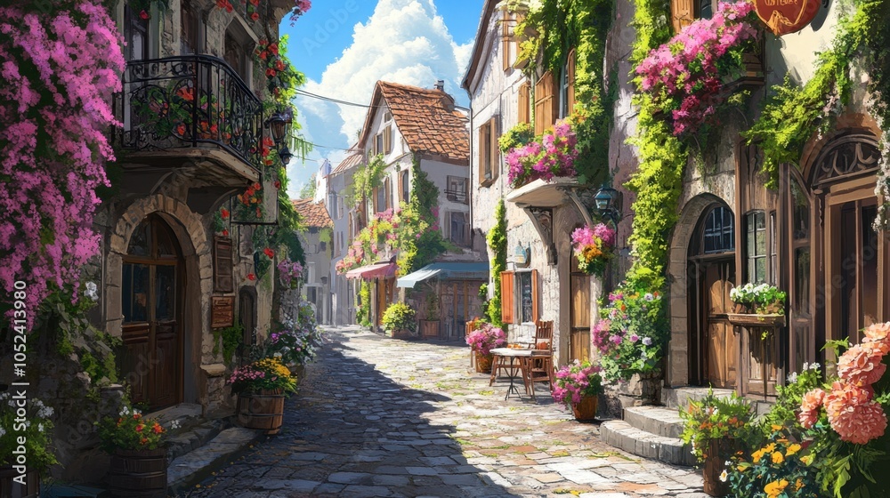 Fototapeta premium Charming Flower-Filled Street in a Quaint Village