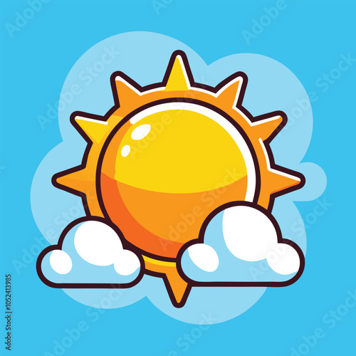 Smiling sun with two fluffy clouds.