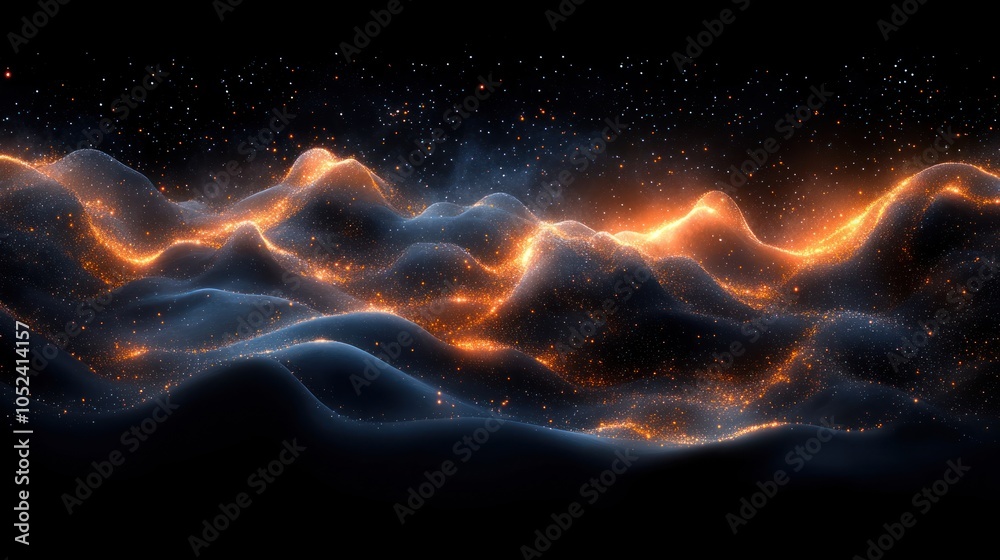 Obraz premium Abstract Wavy Landscape with Glowing Orange and Blue Particles
