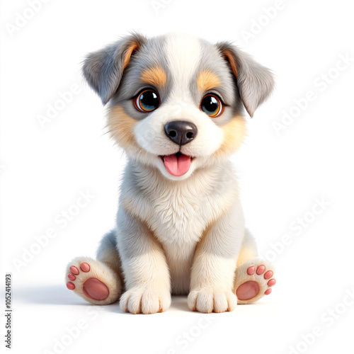 A cute beige and white puppy with large eyes and a sad expression, sitting on a plain background