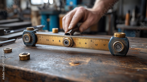 Craftsman measuring gold chain links at a traditional workbench: A jewelerâs hands hold a small caliper to measure the links of a gold chain for uniformity. The workbench is filled photo