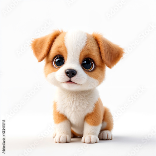 A cute beige and white puppy with large eyes and a sad expression, sitting on a plain background