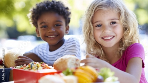 Children's lunch should be nutritionally balanced, including protein, carbohydrates, and fruits and vegetables to support their growth, strength, and energy for learning.  photo