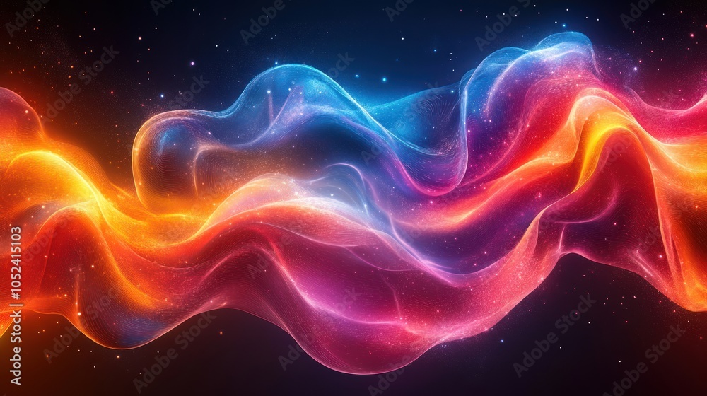 Obraz premium Abstract Glowing Waves with Sparkling Dust on a Dark Background