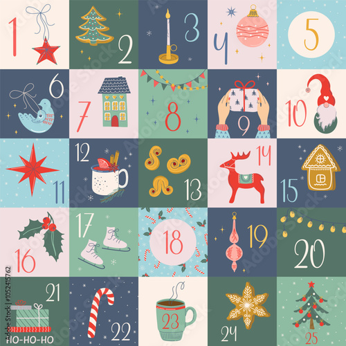 Christmas Advent Calendar with cute hand drawn elements. Xmas poster with holiday symbols. 25 countdown cards. Cozy winter objects in doodle style. Flat design vector illustration.
