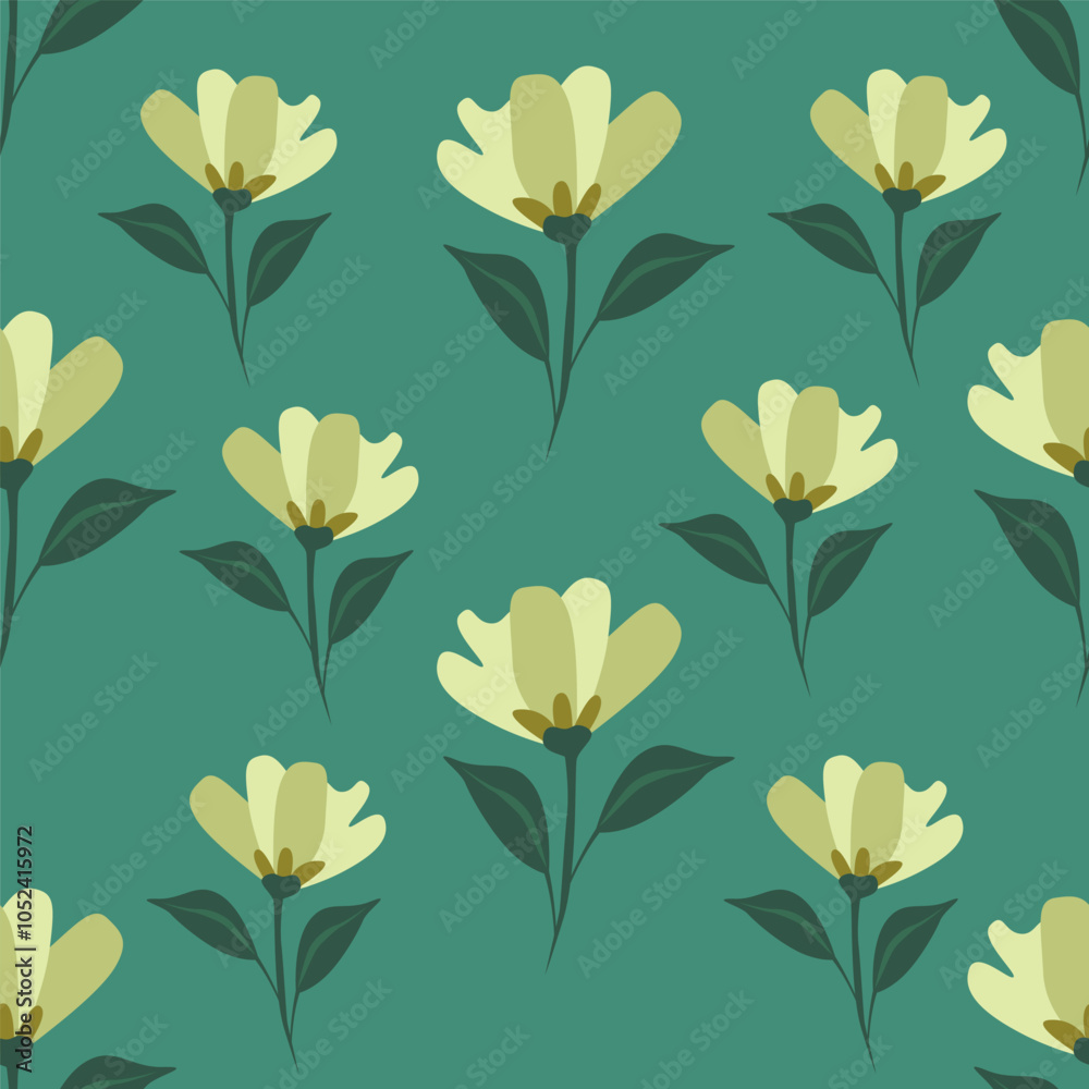 Seamless floral pattern, elegant ditsy print, abstract ornament with green blooming field in retro motif. Pretty botanical design: small hand drawn wild flowers, grass, leaves. Vector illustration.