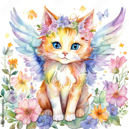 Cute lovely cat with a wings surrounded by gentle flowers. Watercolor illustration.