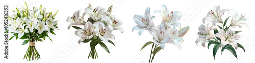 set of A Bouquet of white lily flowers isolated on a transparent background, cutout as a PNG file 