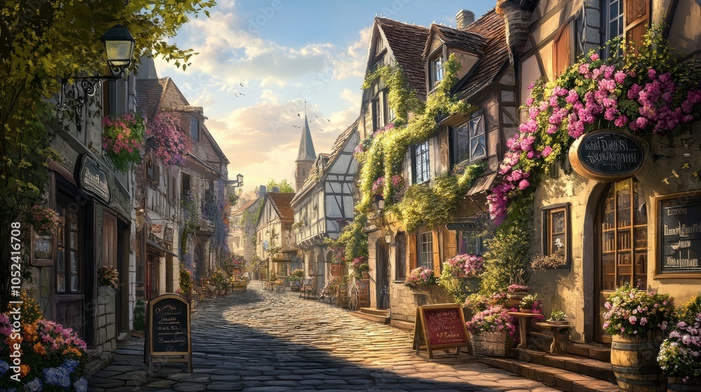 Charming Cobblestone Street in Quaint Village Setting Charming Cobblestone Street in Quaint Village Setting