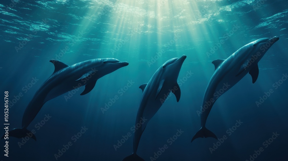 Naklejka premium Dolphins Swimming in Clear Blue Waters