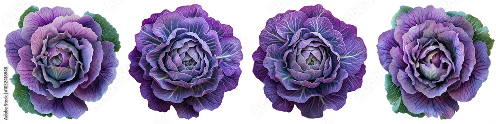 Obraz premium Set of A purple cabbage flower, top view, against a isolated on a transparent background cutout, PNG file