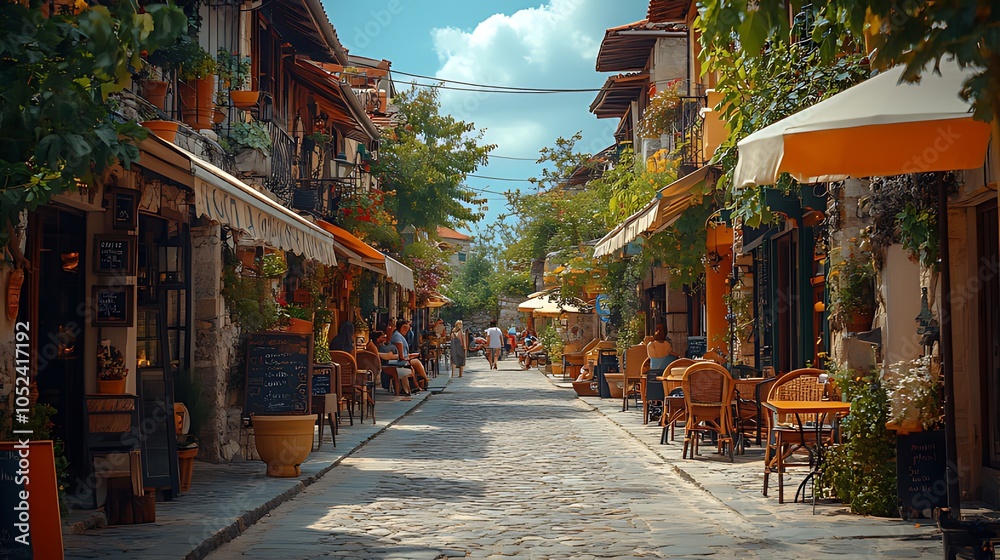 Fototapeta premium A cobblestone street lined with charming cafes and restaurants, with people enjoying the sunny day.