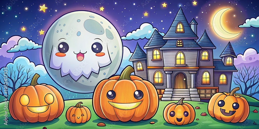Kawaii Ghost Halloween Coloring Page with Haunted House and Jack-o'-Lanterns for Kids Fun Kawaii Ghost Halloween Coloring Page with Haunted House and Jack-o'-Lanterns for Kids Fun