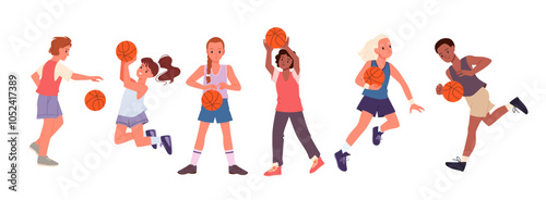 children athlete holding ball in hand to jump, run to basket, child playing in school team cartoon set. Basketball player girl boy running and jumping, dribble ball down court