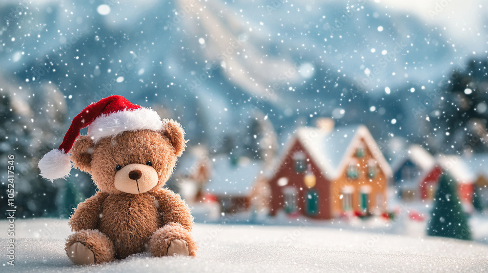 Christmas teddy bear wearing santa hat with christmas tree and gift box background Christmas teddy bear wearing santa hat with christmas tree and gift box background