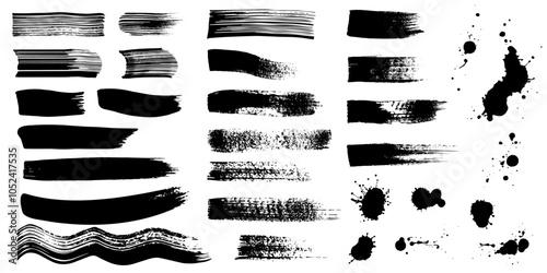 Paint brush and ink splatter. Set of ink grunge brush strokes and splash of paints. Artistic textures collection. Dirty vector design elements, backgrounds. Kit of black ink splatters, paintbrush