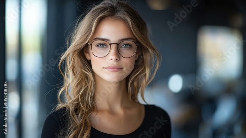 Young woman with long hair and glasses poses elegantly indoors in a stylish urban cafe during the day