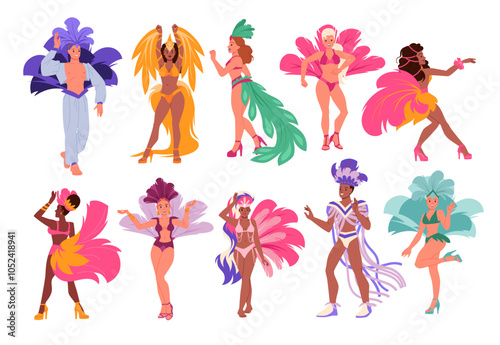 Dancers of Brazilian carnival in Rio de Janeiro set. Female and male characters in exotic costumes with feathers dancing latin dances at samba and cabaret, fashion party cartoon vector illustration
