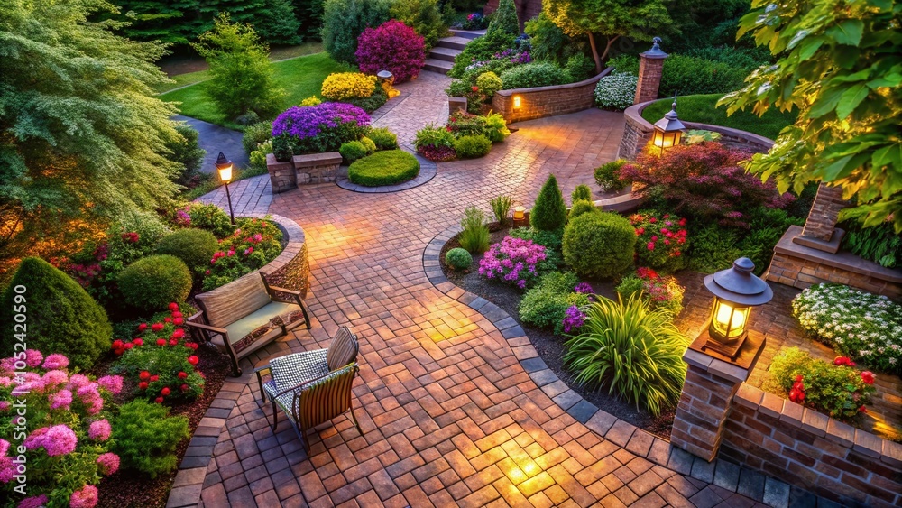 Long Exposure of Brick Patio with Stone Walkway and Lush Landscaping in a Serene Garden Setting Long Exposure of Brick Patio with Stone Walkway and Lush Landscaping in a Serene Garden Setting