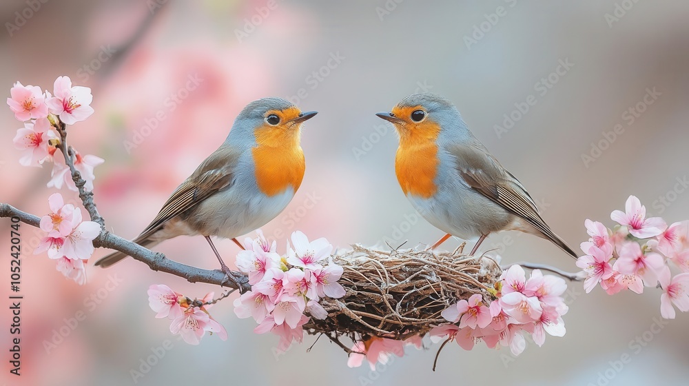two robins perched in a nest adorned with blooming cherry blossoms, encapsulating the essence of spring. bright colors and delicate details emphasize the theme of new beginnings and nature's renewal