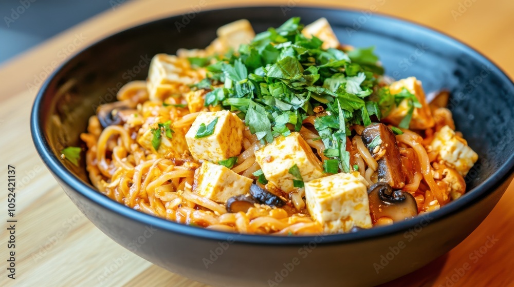 Fototapeta premium Delicious Mama Noodles with Tofu and Vegetables