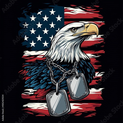 A patriotic American design with dog tags, the American flag, and a bald eagle. Flat black background. generative ai