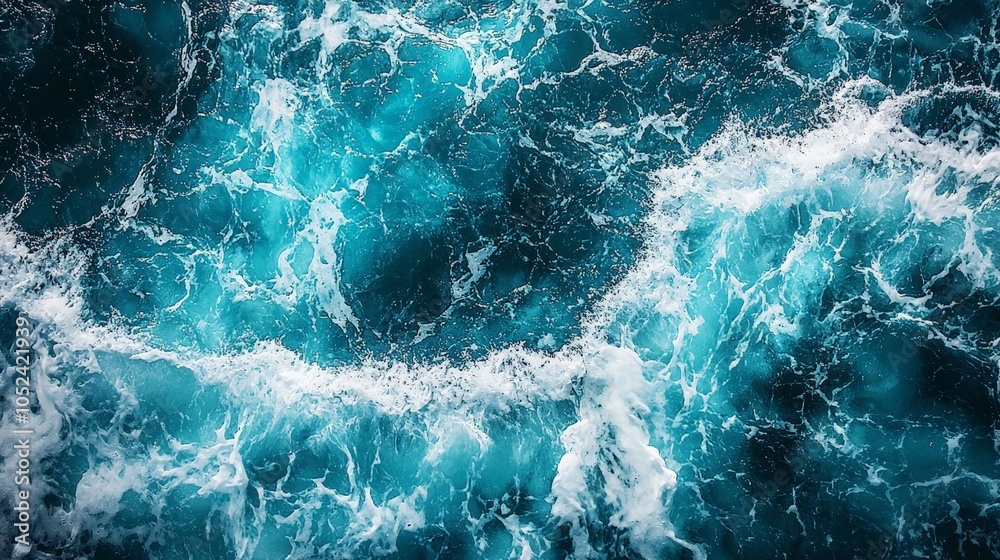 Aerial view of turbulent ocean waves in shades of blue and white. Aerial view of turbulent ocean waves in shades of blue and white.