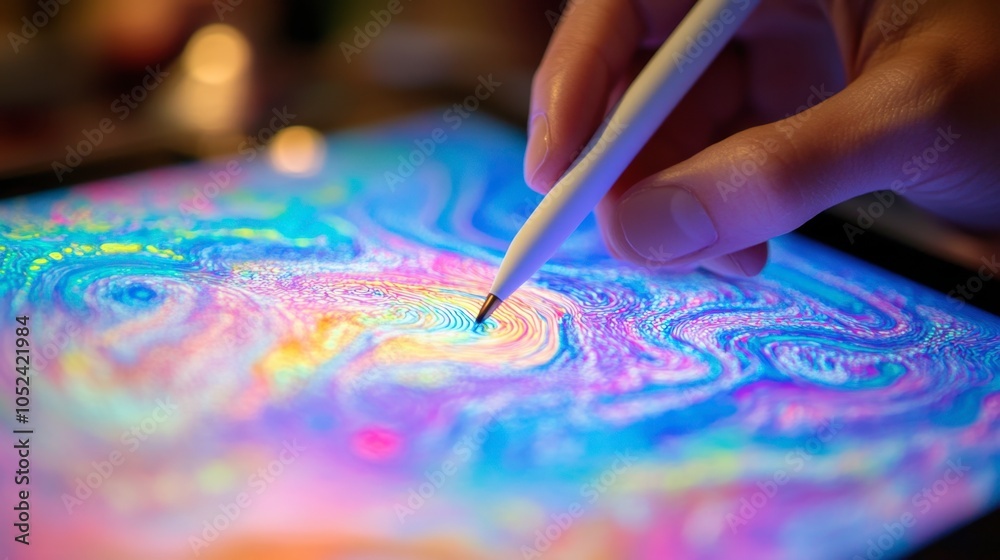 Naklejka premium Vibrant Digital Art Creation with Stylus on Tablet