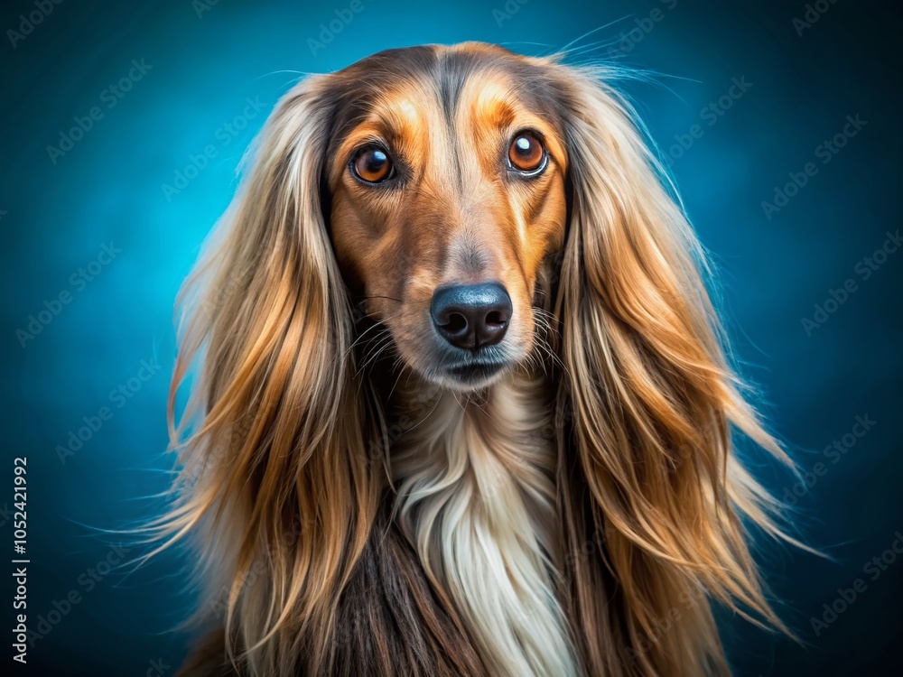Long-Haired Dog Portrait Against a Vibrant Blue Background - Macro Photography Long-Haired Dog Portrait Against a Vibrant Blue Background - Macro Photography