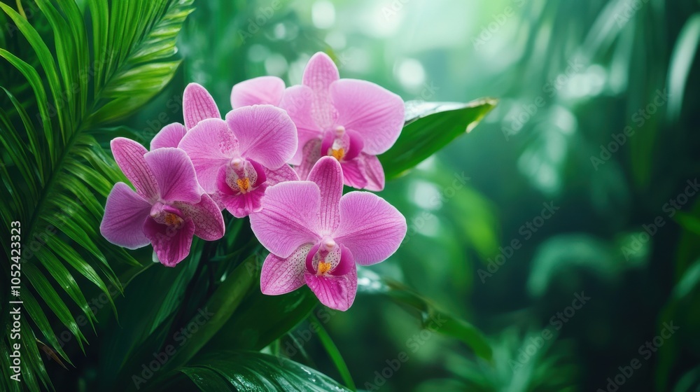 Vibrant Orchid Blooms on Lush Greenery Background