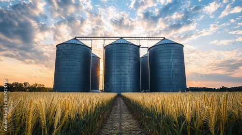 peaceful rural countryside with grain silos and farming storage, showcasing field crops, harvest season, and silo storage in agricultural land