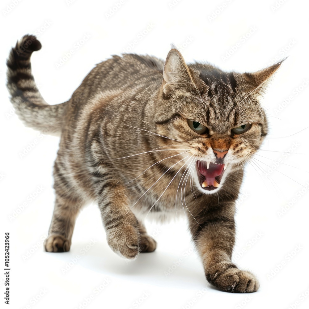 Tabby cat arching its back, hissing and showing teeth while walking forward on white background Tabby cat arching its back, hissing and showing teeth while walking forward on white background