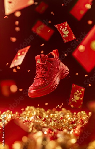 A red kid's shoe printed on them, floating in mid-air surrounded by Chinese New Year envelopes flying around it. generative ai