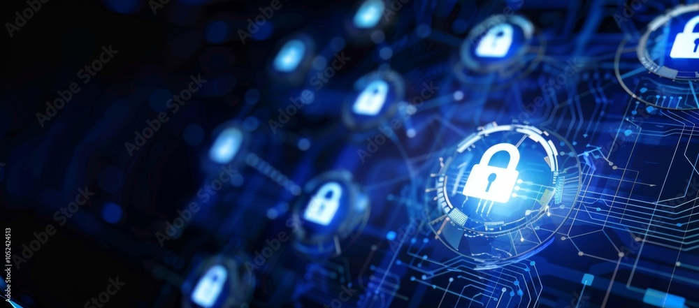 Obraz premium Visualizing cybersecurity frameworks on virtual screens for better comprehension.