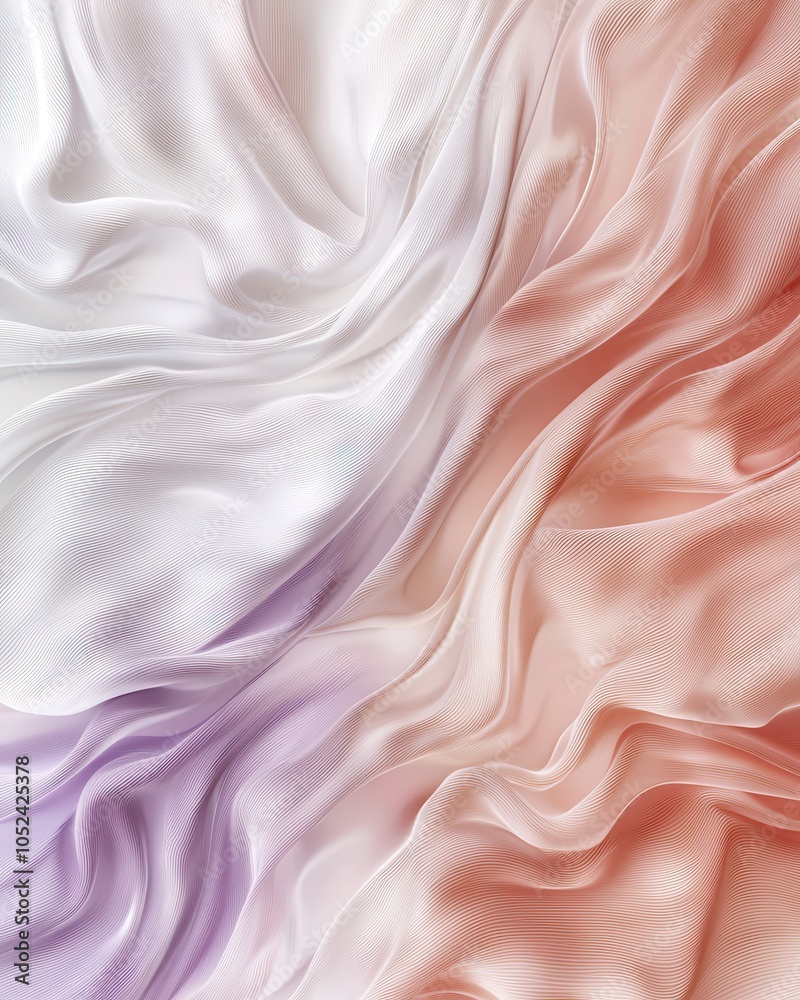 Fototapeta premium Elegant flowing fabric in soft shades of peach, white, and lavender with smooth textures and gentle curves.