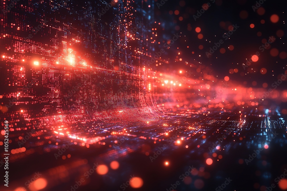 Obraz premium Abstract digital data flow with glowing particles and a red and blue color scheme.