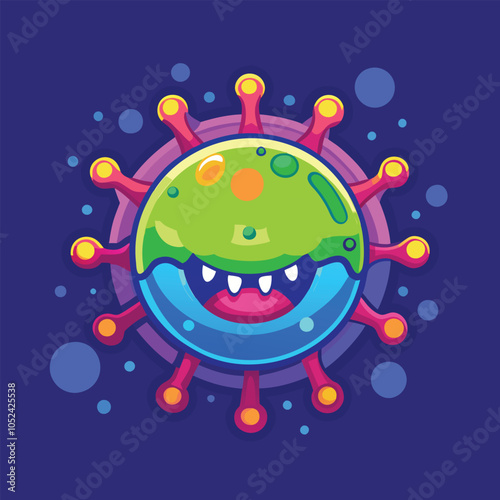 Cute cartoon virus with big eyes and a toothy grin.