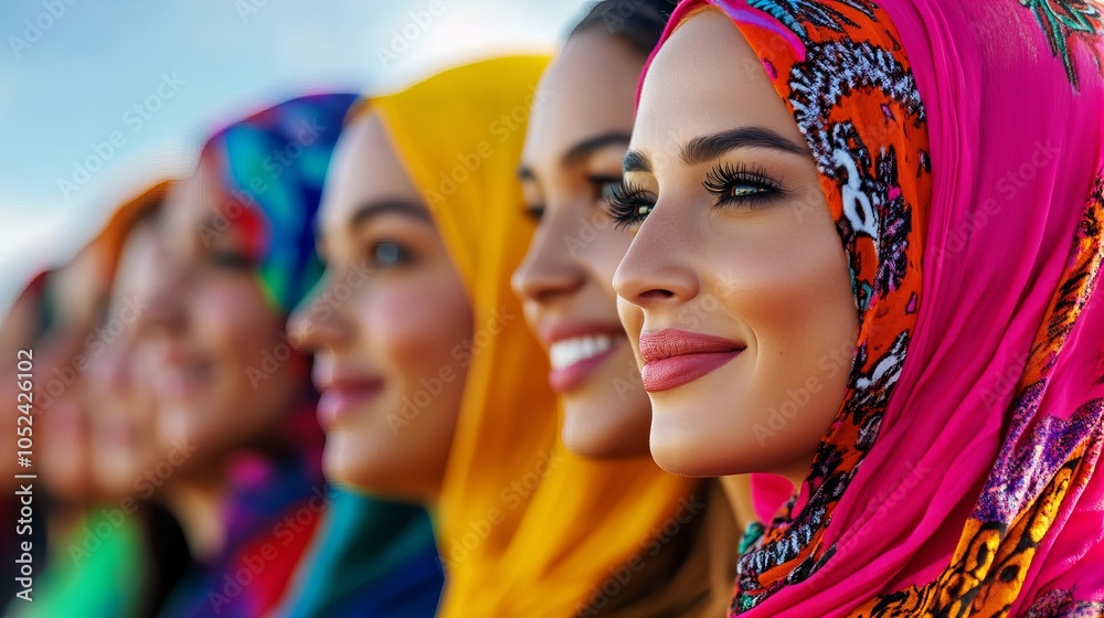 Obraz premium Four women wearing colorful headscarves smile and look off into the distance.