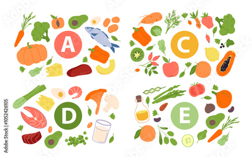 Food with vitamin A C E D infographic banner design set. Organic fruits and vegetables, dairy products and fish, meat and mushrooms as natural vitamin sources in diet cartoon vector illustration