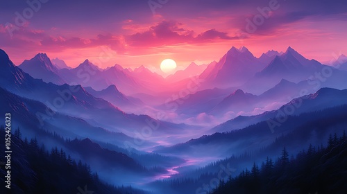 A vibrant sunset casts a warm glow over a mountain range, with mist and clouds creating a dramatic and ethereal scene.