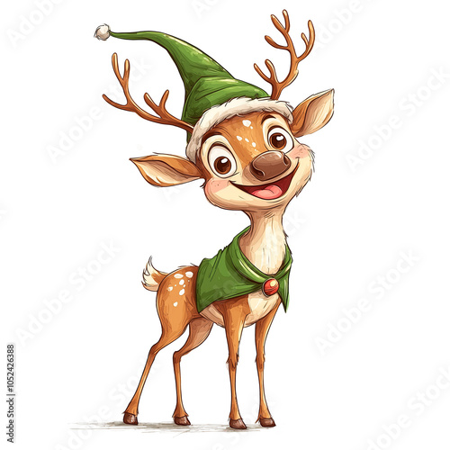 Reindeer in a festive green hat and scarf on a transparent background. Christmas character, holiday design, winter fashion, joyful vibes, seasonal fun, reindeer illustration, holiday outfit. photo