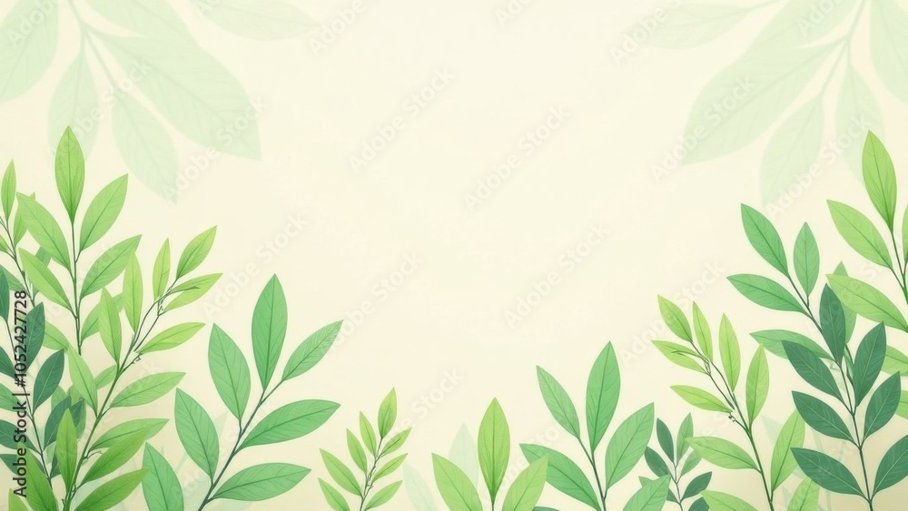 Fototapeta premium Lush green leaves border a serene, pastel-colored background, creating a calming atmosphere perfect for nature-themed designs. empty space for text
