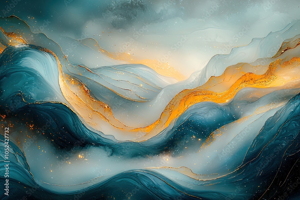 Abstract mountain landscape with flowing gold and blue waves