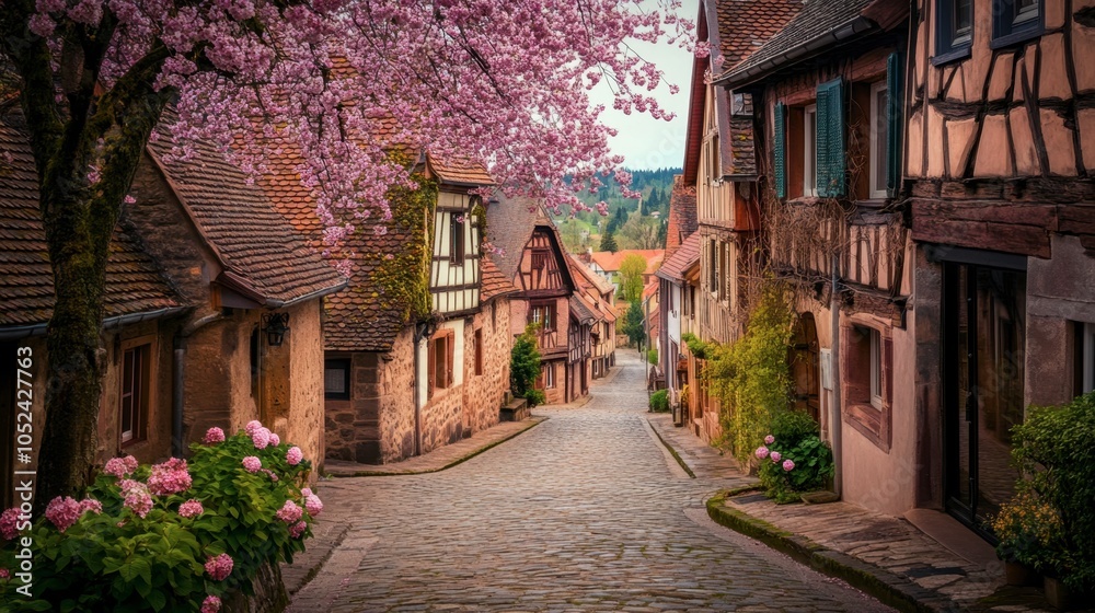 Fototapeta premium Charming Village Street with Cherry Blossoms and Cobblestones