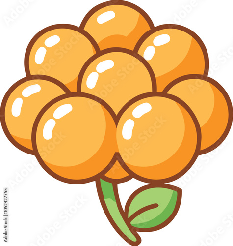 Illustration of cloudberry with green leaf, Vector illustration of cloudberry clustered together with a green leaf, showcasing a simple, minimalistic design. 