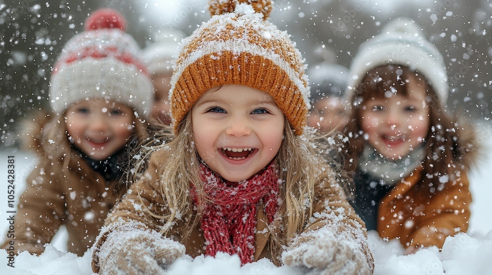 Children joyfully playing in the snow, laughing and enjoying winter fun. Children joyfully playing in the snow, laughing and enjoying winter fun.