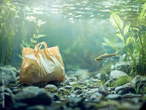 Biodegradable Grocery Bag Dissolving Harmlessly in River Aquatic Plants and Fish Thriving Nearby photo